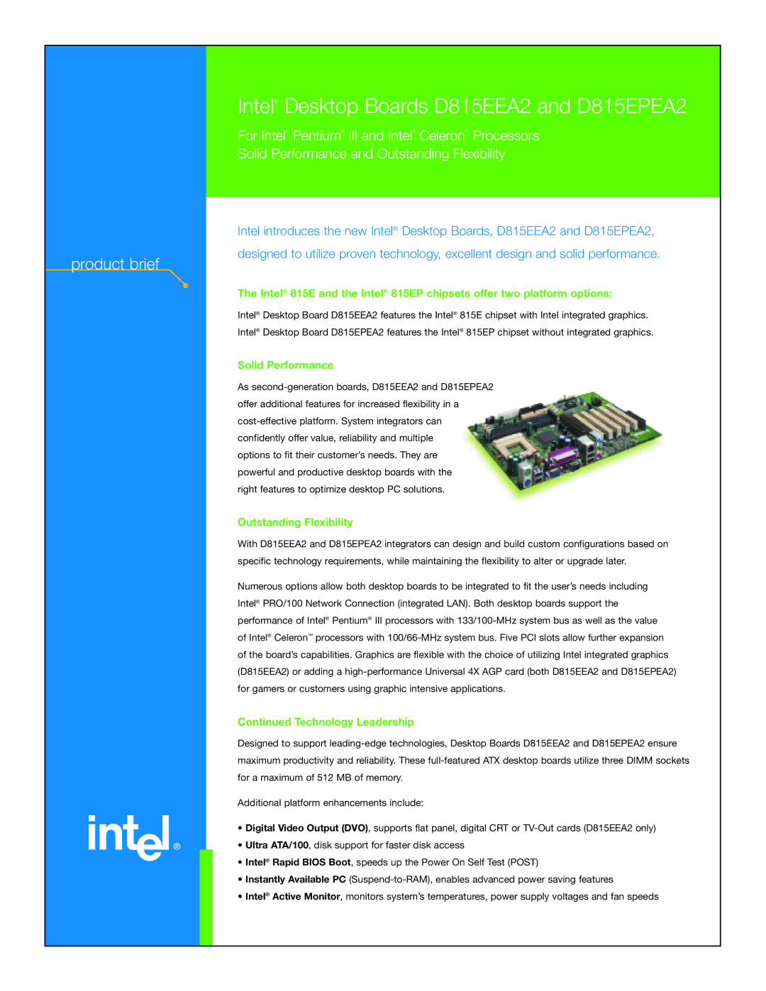 Intel D815EPEA2, D815EEA2 manual Solid Performance, Outstanding Flexibility, Technology Leadership 