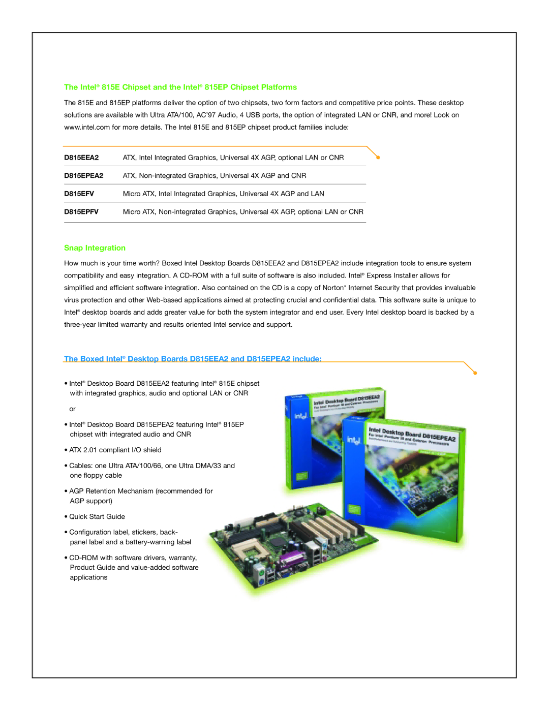 Intel D815EEA2, D815EPEA2 manual Intel 815E Chipset and the Intel 815EP Chipset Platforms, Snap Integration 