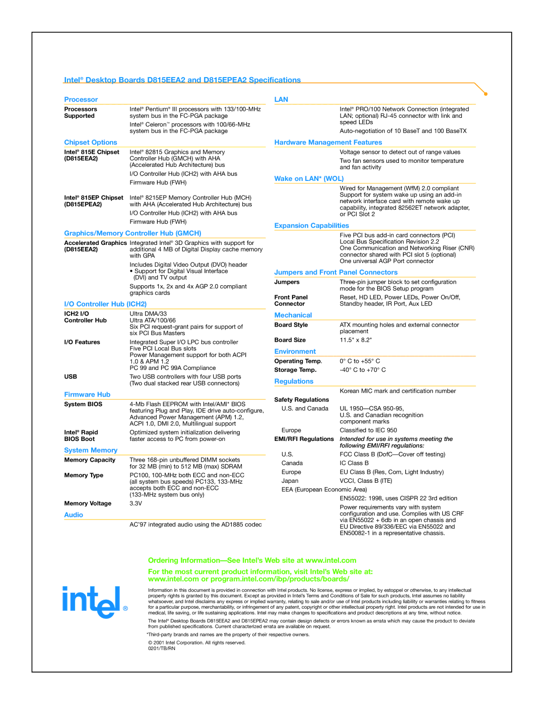 Intel manual Intel Desktop Boards D815EEA2 and D815EPEA2 Specifications, Lan 