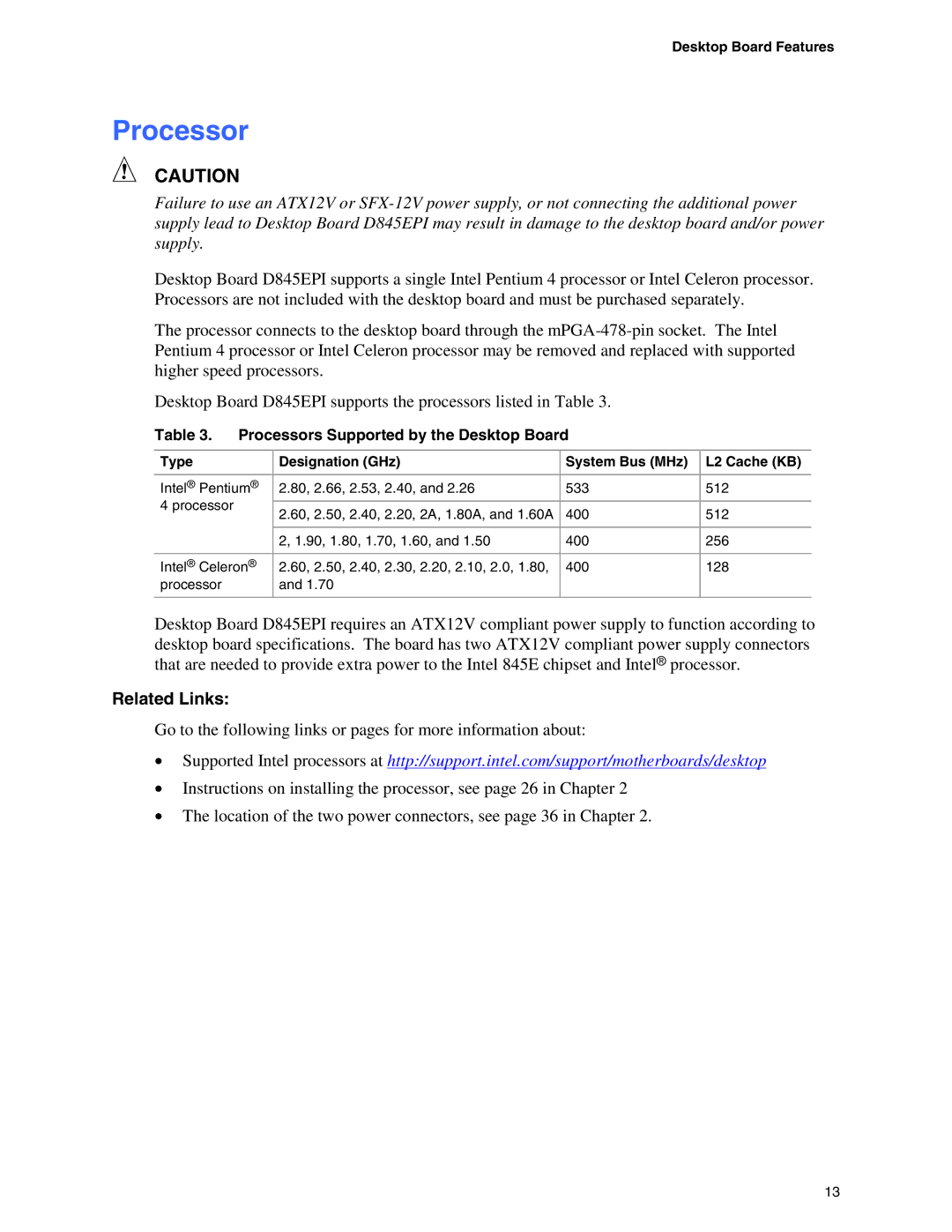 Intel D845EPI manual Processors Supported by the Desktop Board, Type, Designation GHz, System Bus MHz L2 Cache KB 