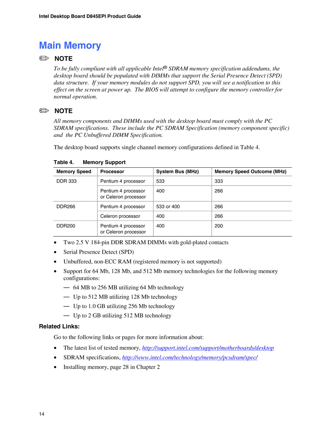 Intel D845EPI manual Main Memory, Memory Support, System Bus MHz, Memory Speed Outcome MHz 