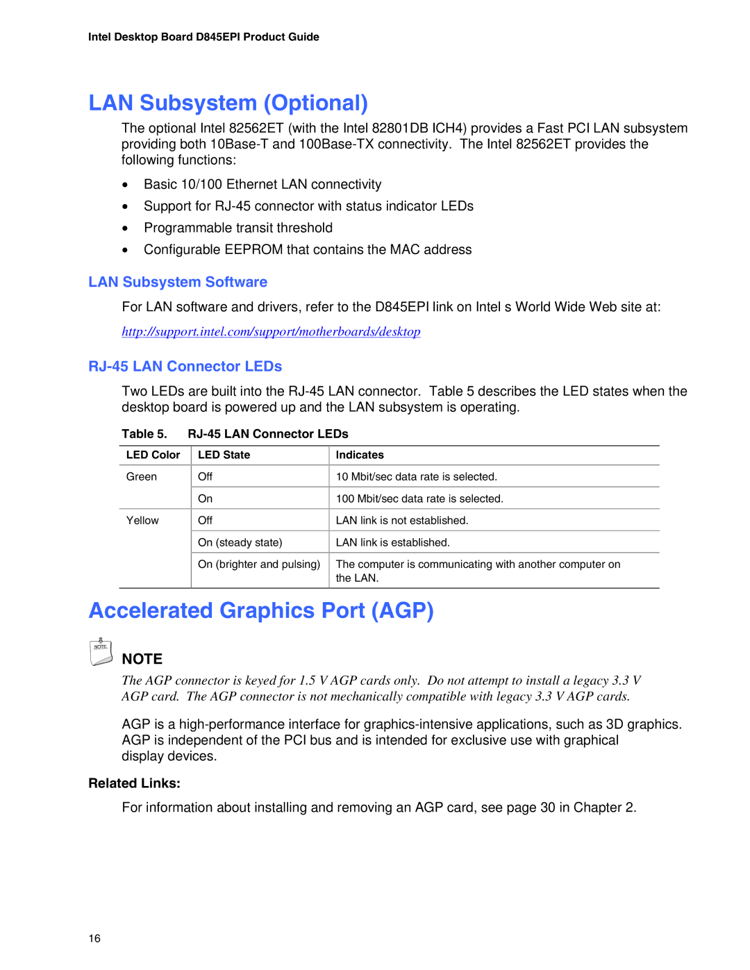 Intel D845EPI LAN Subsystem Optional, Accelerated Graphics Port AGP, LAN Subsystem Software, RJ-45 LAN Connector LEDs 