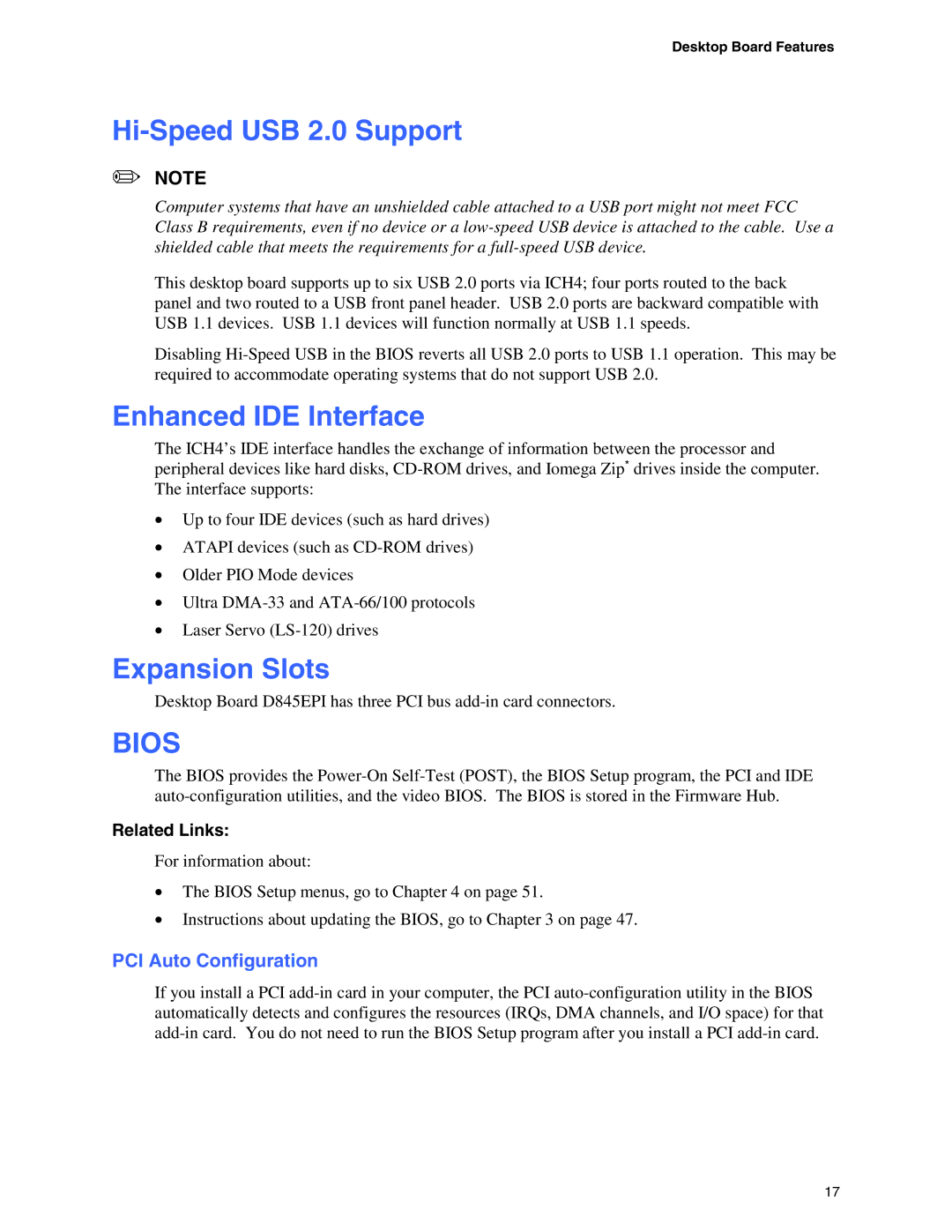 Intel D845EPI manual Hi-Speed USB 2.0 Support, Enhanced IDE Interface, Expansion Slots, PCI Auto Configuration 