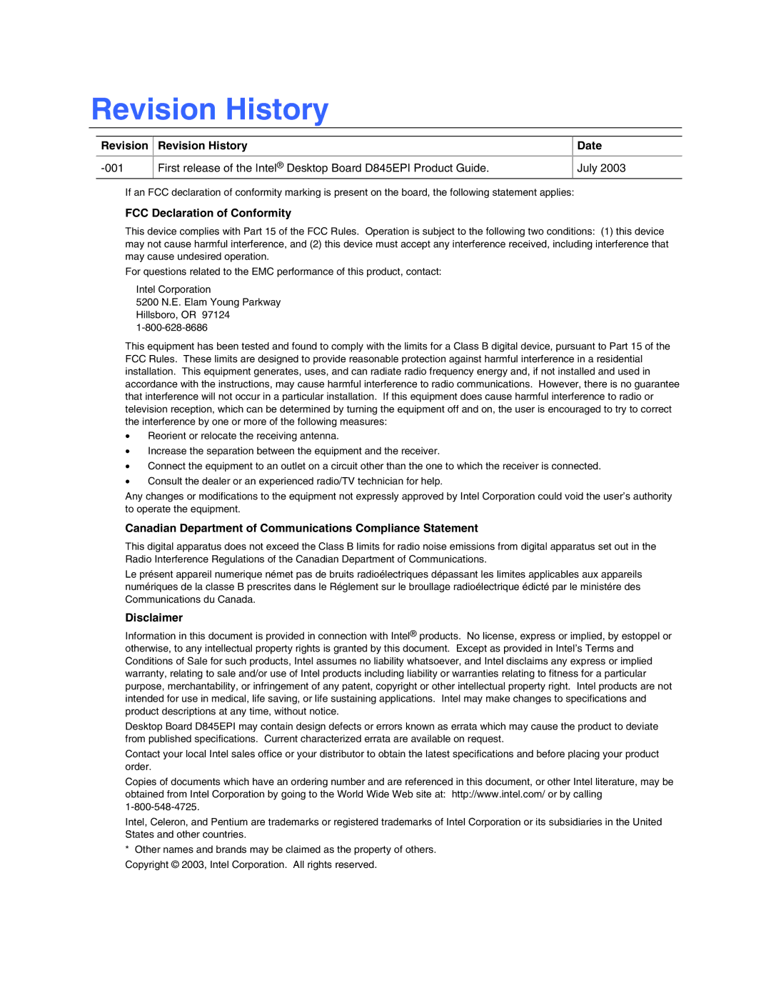 Intel D845EPI manual Revision History 