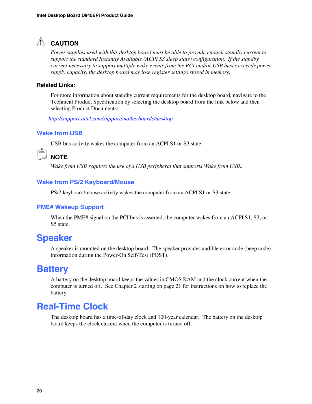 Intel D845EPI manual Speaker, Battery, Real-Time Clock 