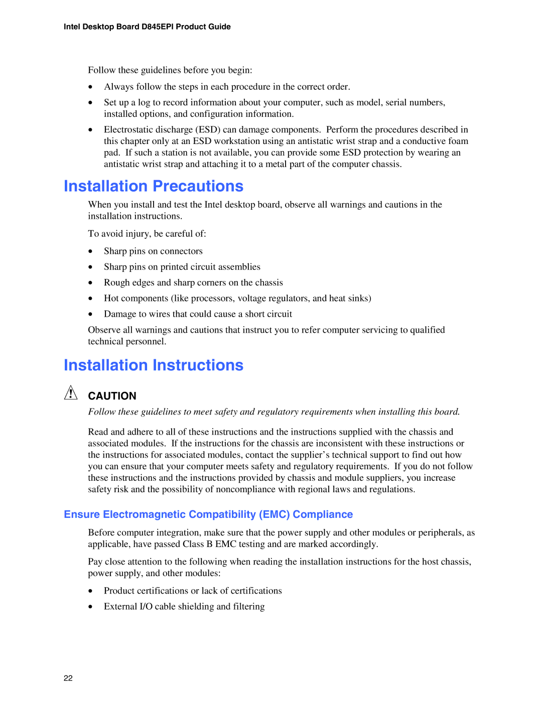 Intel D845EPI Installation Precautions, Installation Instructions, Ensure Electromagnetic Compatibility EMC Compliance 