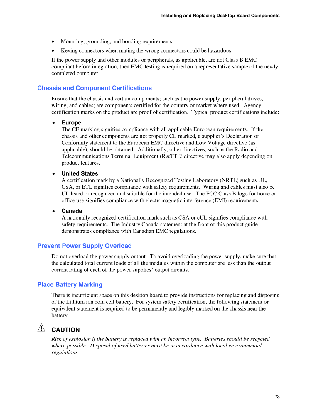 Intel D845EPI manual Chassis and Component Certifications, Prevent Power Supply Overload, Place Battery Marking 