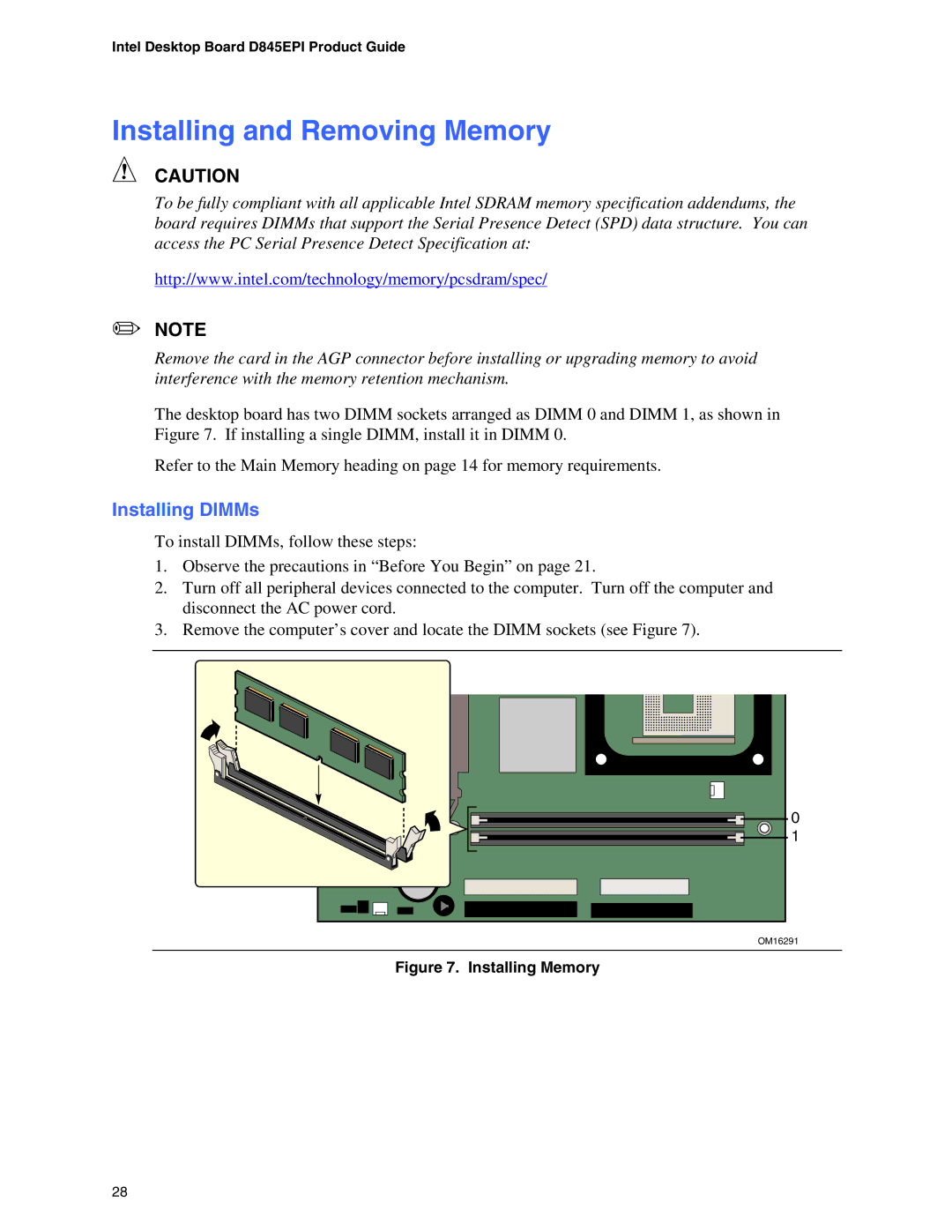 Intel D845EPI manual Installing and Removing Memory, Installing DIMMs 