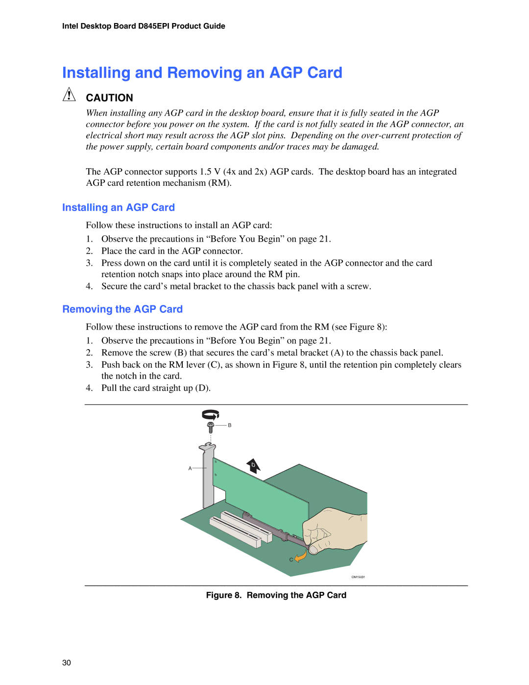 Intel D845EPI manual Installing and Removing an AGP Card, Installing an AGP Card, Removing the AGP Card 