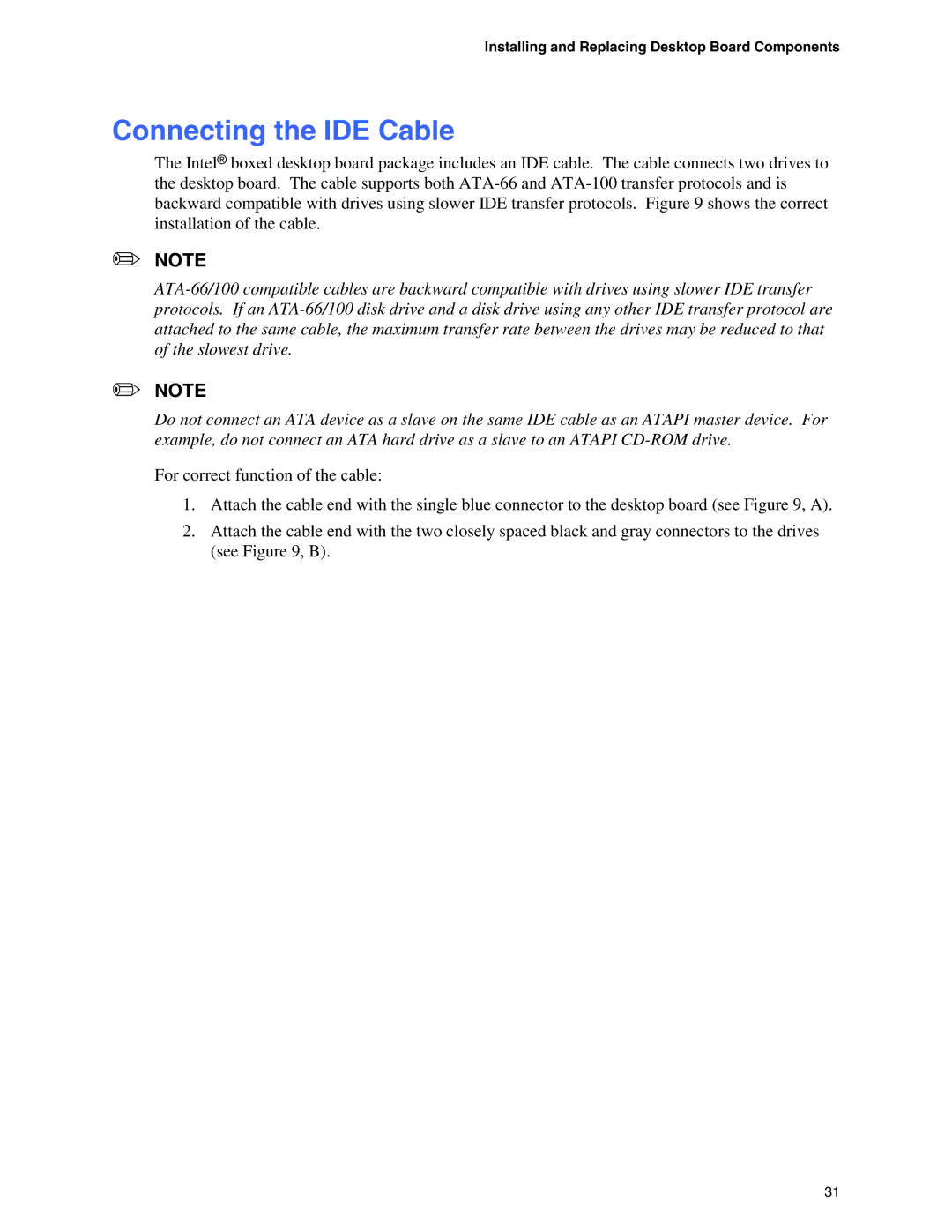 Intel D845EPI manual Connecting the IDE Cable 