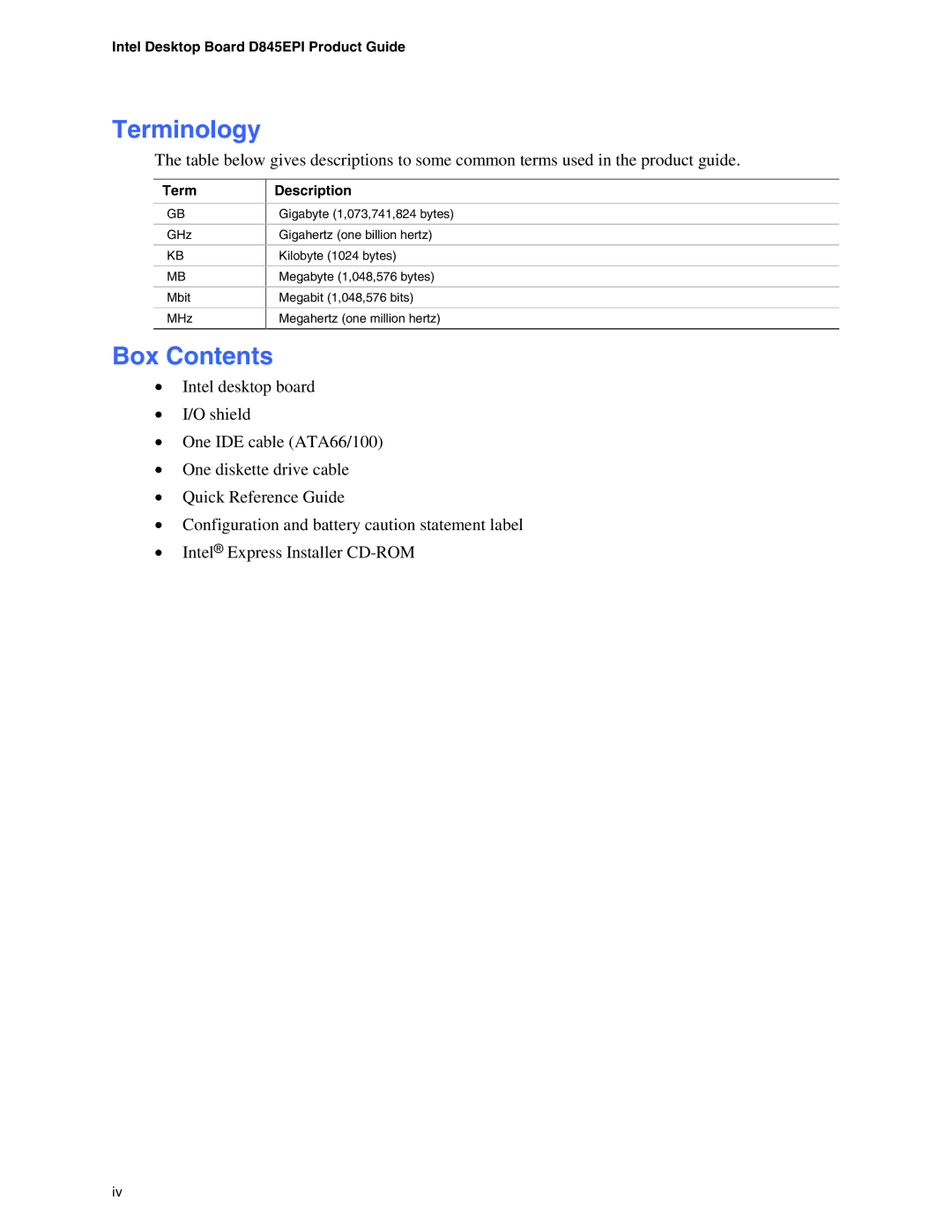 Intel D845EPI manual Terminology 