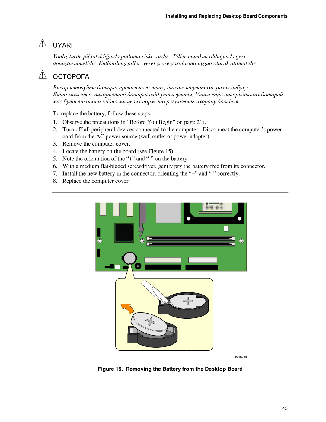 Intel D845EPI manual Removing the Battery from the Desktop Board 