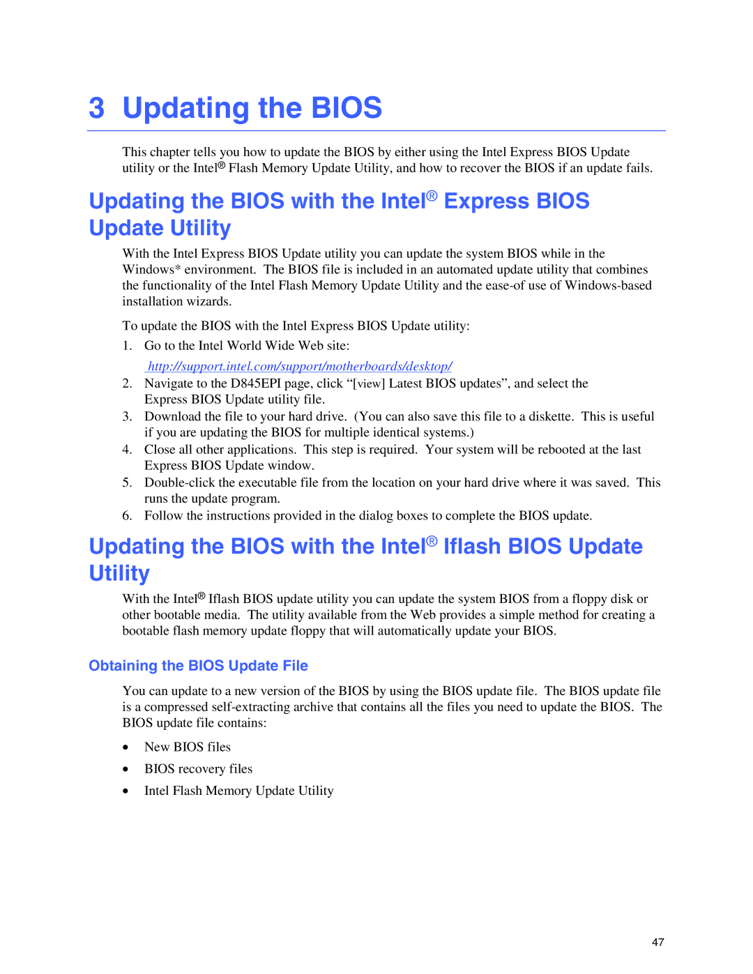 Intel D845EPI manual Updating the Bios with the Intel Iflash Bios Update Utility, Obtaining the Bios Update File 