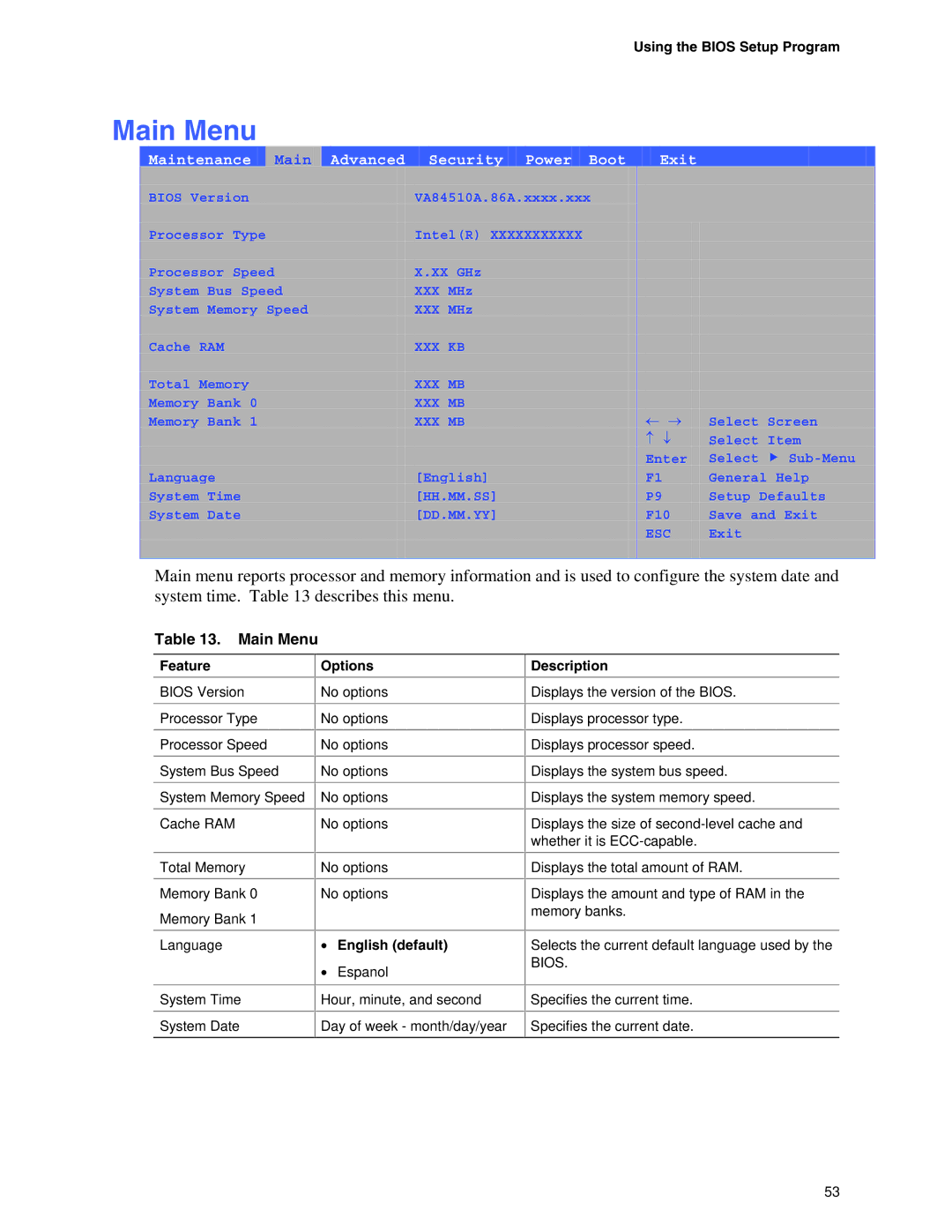 Intel D845EPI manual Main Menu, Using the Bios Setup Program, English default 