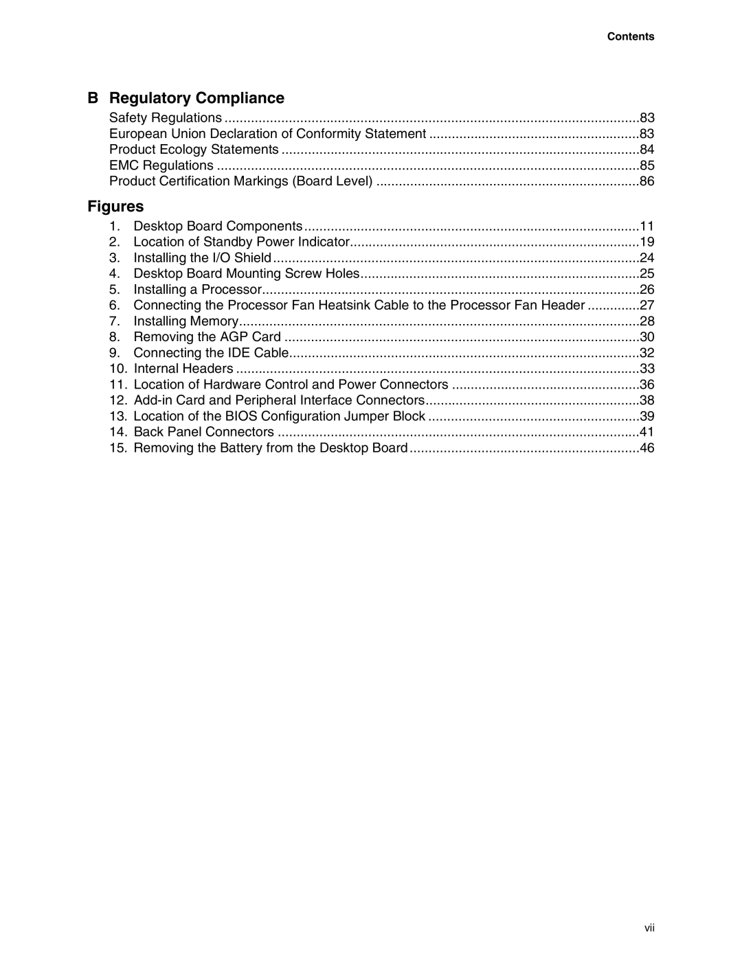 Intel D845EPI manual Regulatory Compliance, Contents 