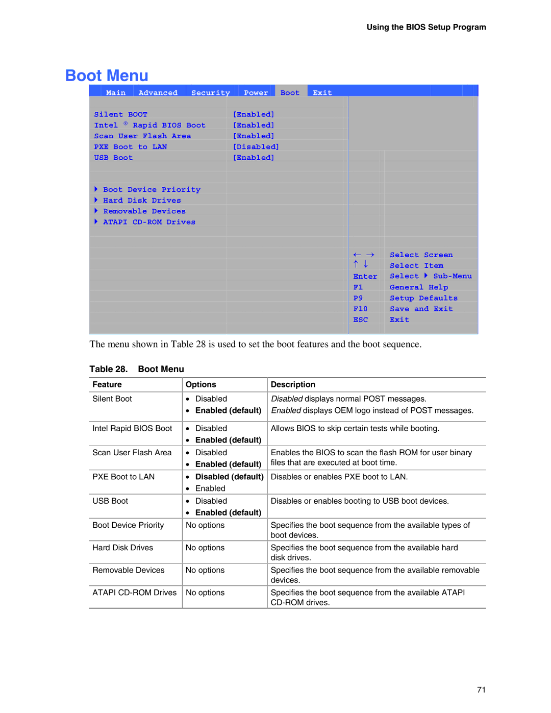 Intel D845EPI manual Boot Menu, Main Advanced Security Power 