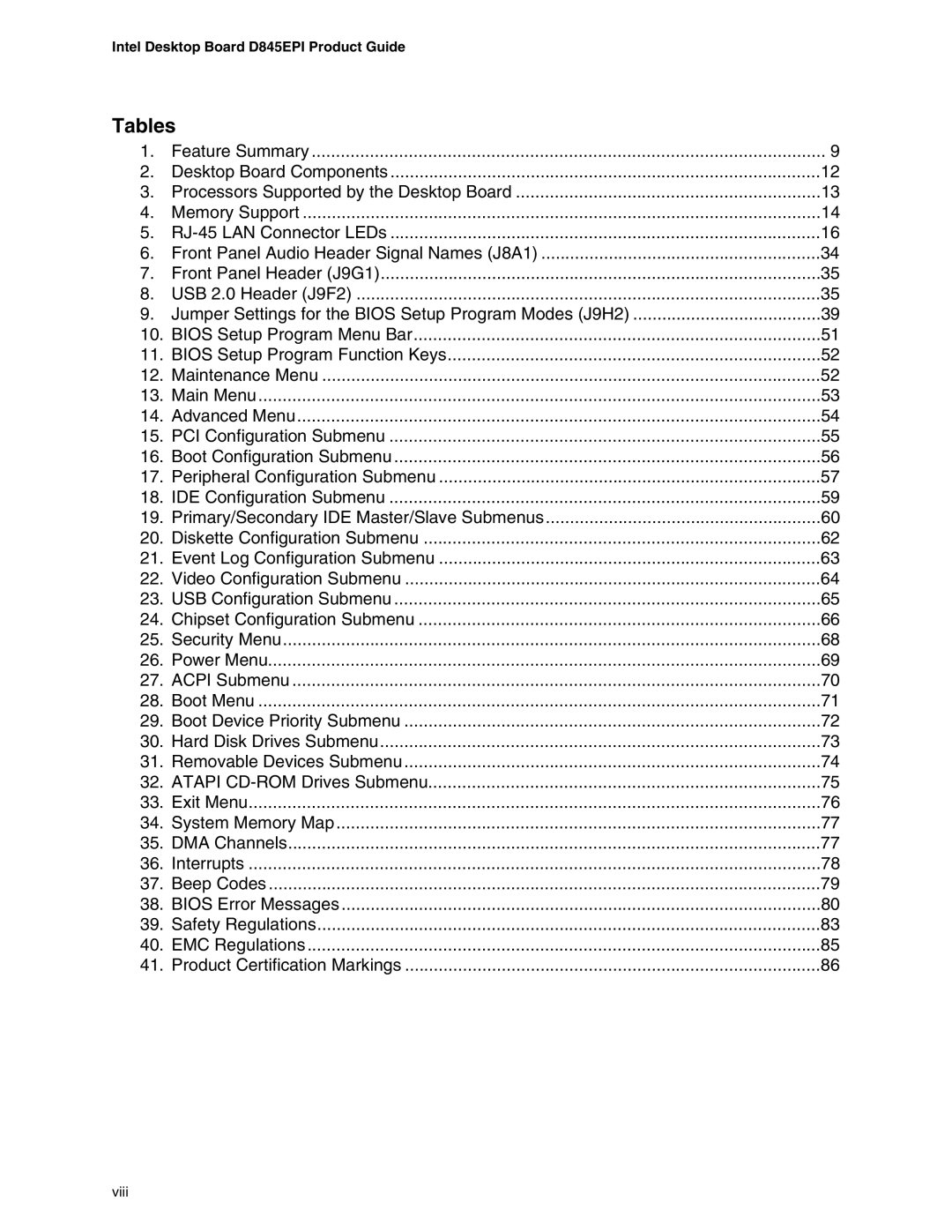 Intel D845EPI manual Tables 