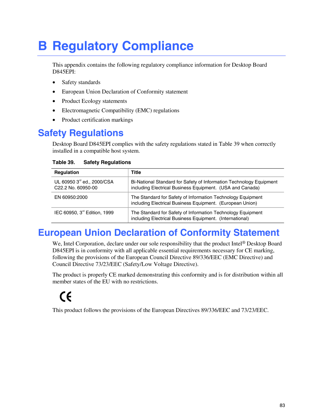 Intel D845EPI manual Regulatory Compliance, Safety Regulations, European Union Declaration of Conformity Statement 