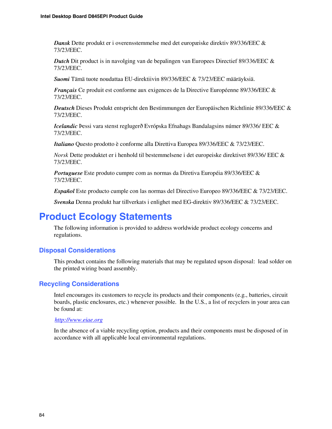 Intel D845EPI manual Product Ecology Statements, Disposal Considerations, Recycling Considerations 