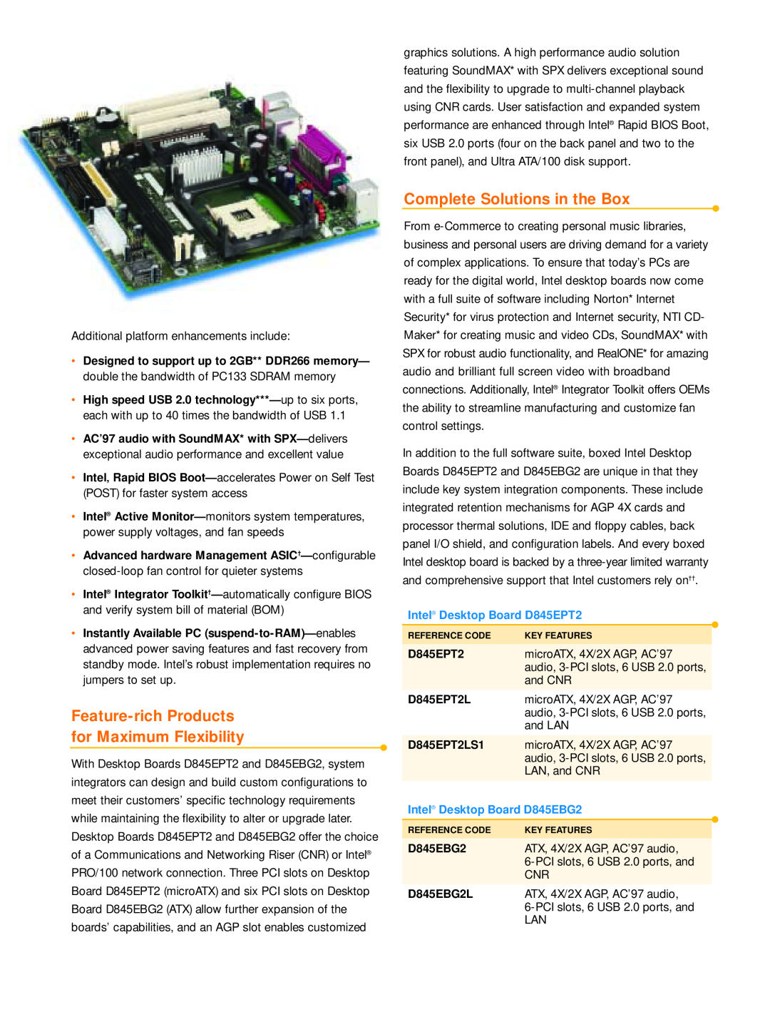 Intel manual Feature-richProducts for Maximum Flexibility, Complete Solutions in the Box, Intel Desktop Board D845EPT2 