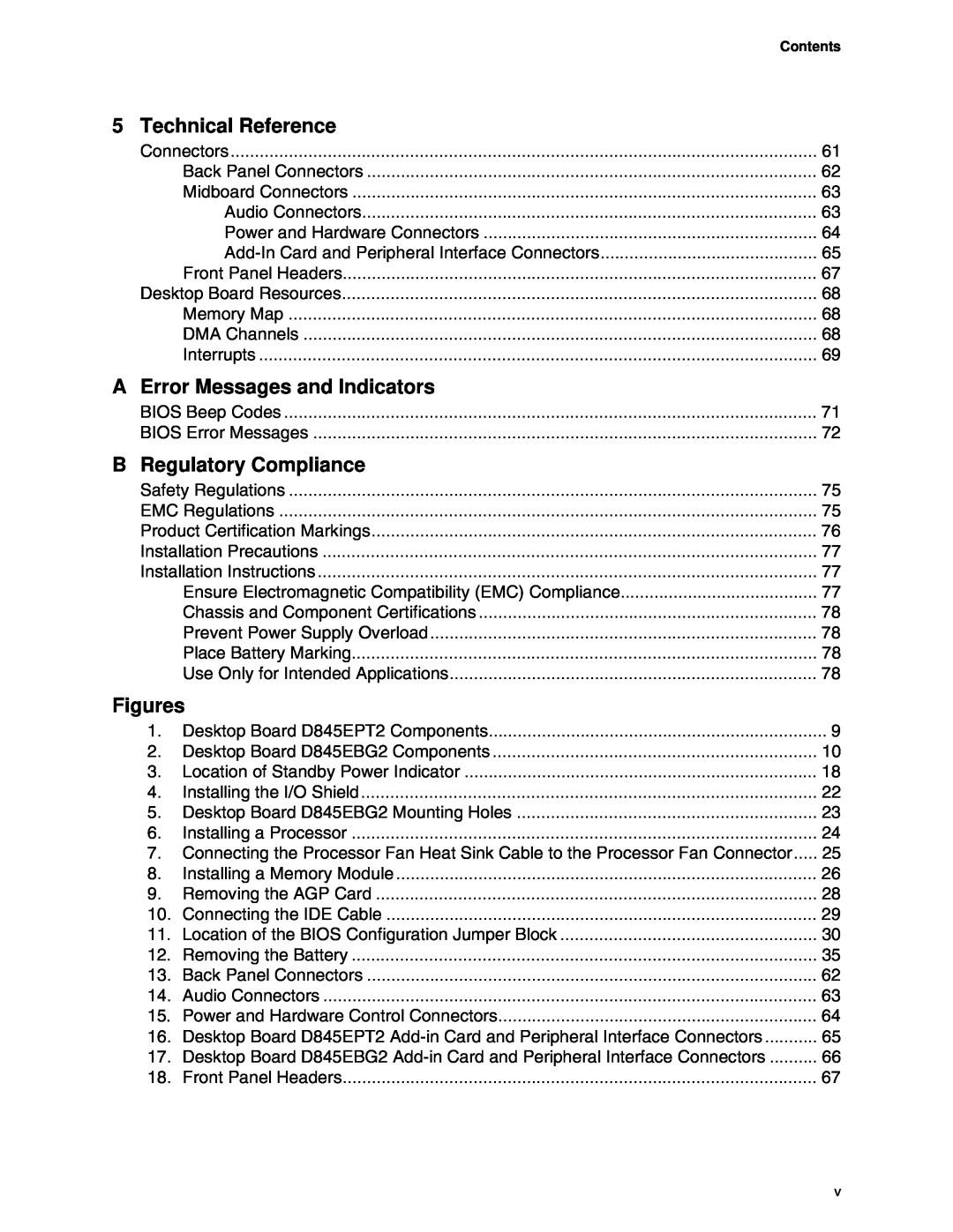 Intel D845EBG2, D845EPT2 manual Technical Reference, Error Messages and Indicators, Regulatory Compliance, Figures, Contents 