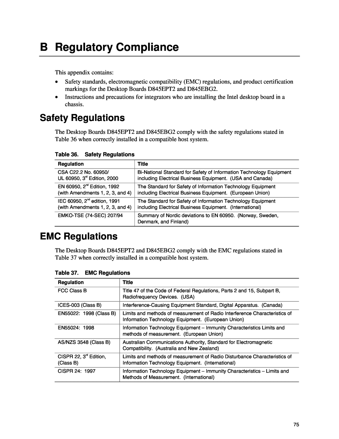 Intel D845EBG2, D845EPT2 manual B Regulatory Compliance, Safety Regulations, EMC Regulations 