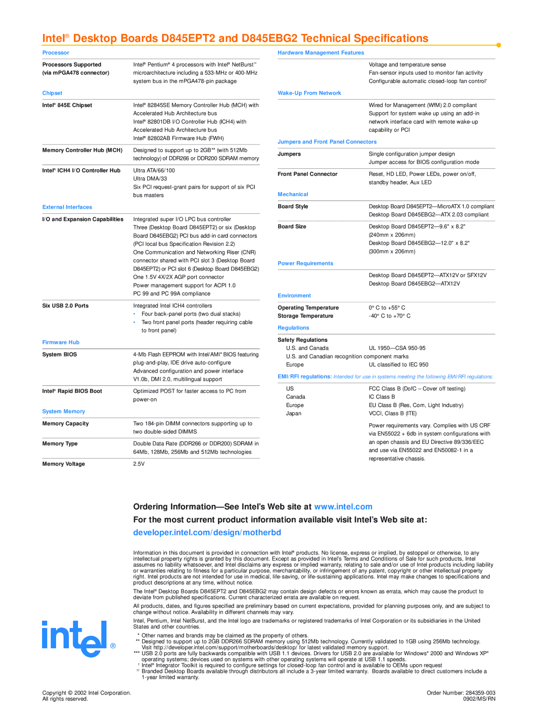 Intel D845EPT2, D845EBG2 manual Processors Supported 