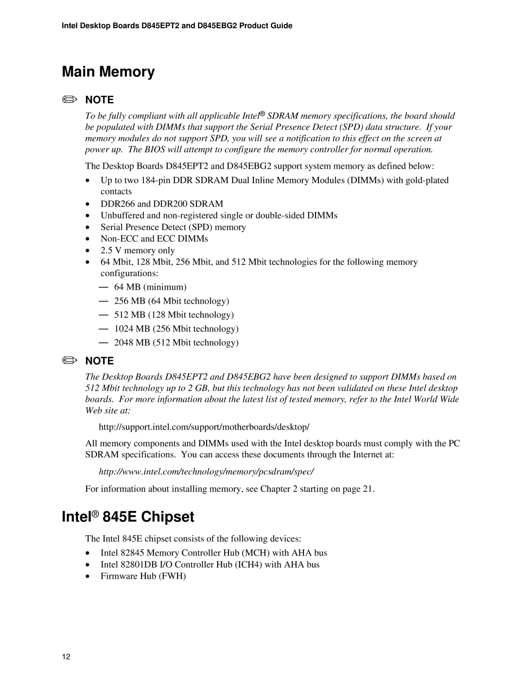 Intel D845EPT2, D845EBG2 manual Main Memory, Intel 845E Chipset 