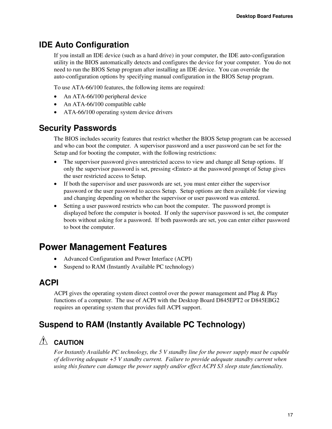 Intel D845EBG2, D845EPT2 manual Power Management Features, IDE Auto Configuration, Security Passwords 