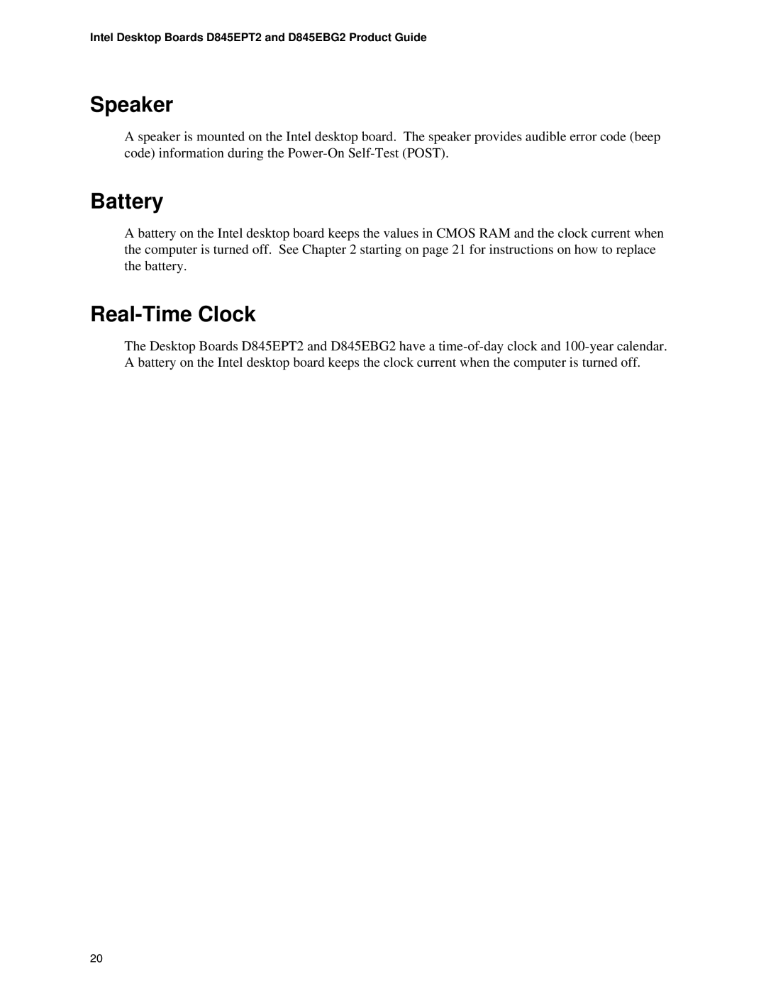 Intel D845EPT2, D845EBG2 manual Speaker, Battery, Real-Time Clock 