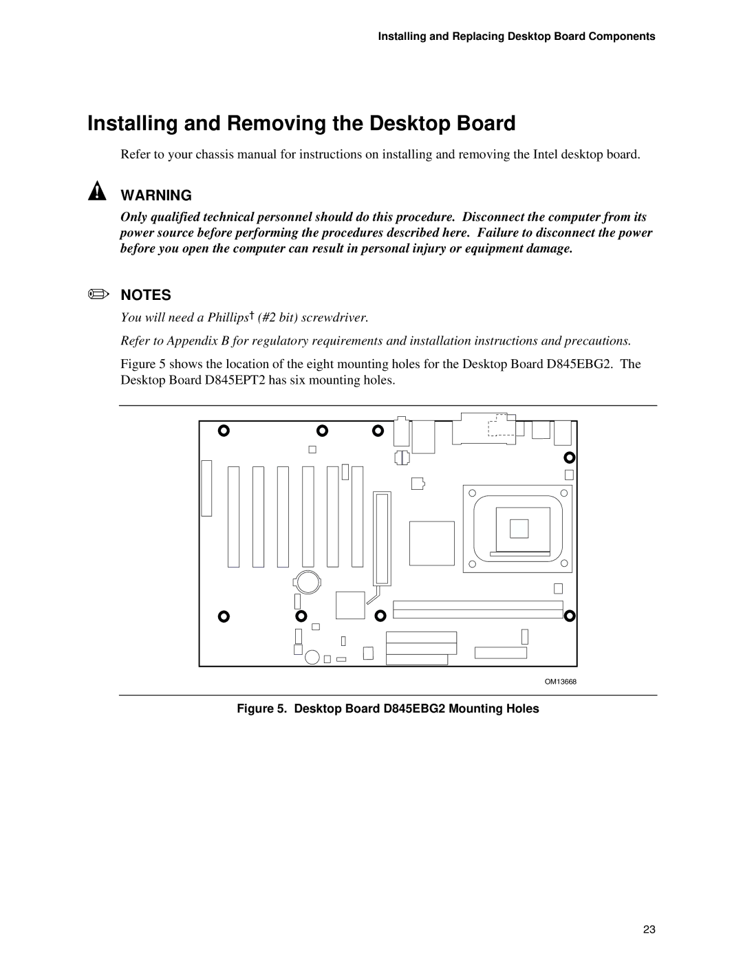 Intel D845EBG2, D845EPT2 manual Installing and Removing the Desktop Board, Installing and Replacing Desktop Board Components 