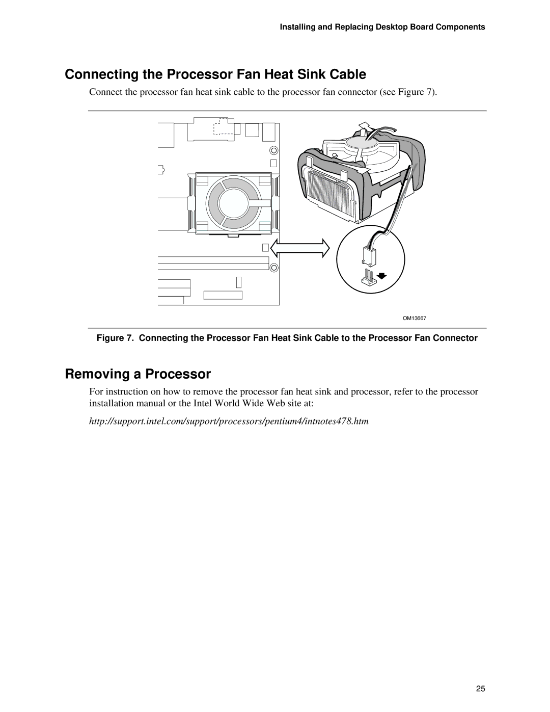 Intel D845EBG2, D845EPT2 manual Connecting the Processor Fan Heat Sink Cable, Removing a Processor 