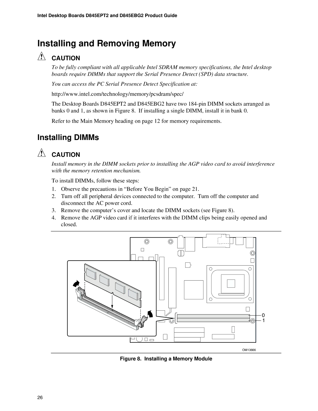 Intel D845EPT2, D845EBG2 manual Installing and Removing Memory, Installing DIMMs 