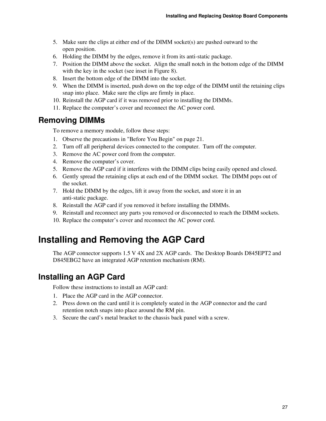 Intel D845EBG2, D845EPT2 manual Installing and Removing the AGP Card, Removing DIMMs, Installing an AGP Card 