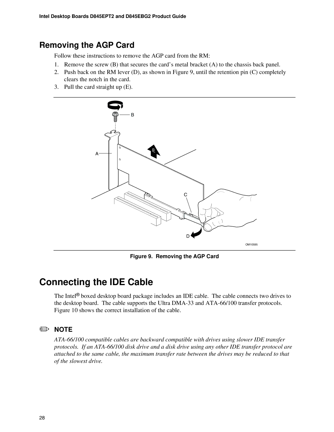 Intel D845EPT2, D845EBG2 manual Connecting the IDE Cable, Removing the AGP Card 