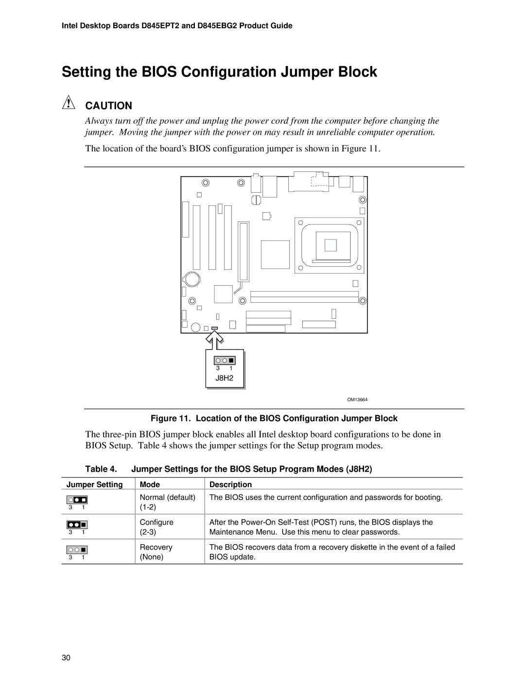 Intel D845EPT2 manual Setting the Bios Configuration Jumper Block, Jumper Settings for the Bios Setup Program Modes J8H2 