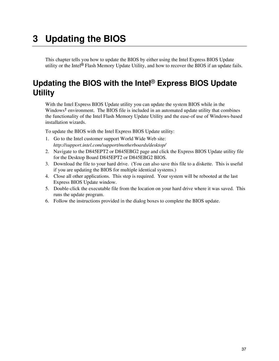 Intel D845EBG2, D845EPT2 manual Updating the Bios with the Intel Express Bios Update Utility 