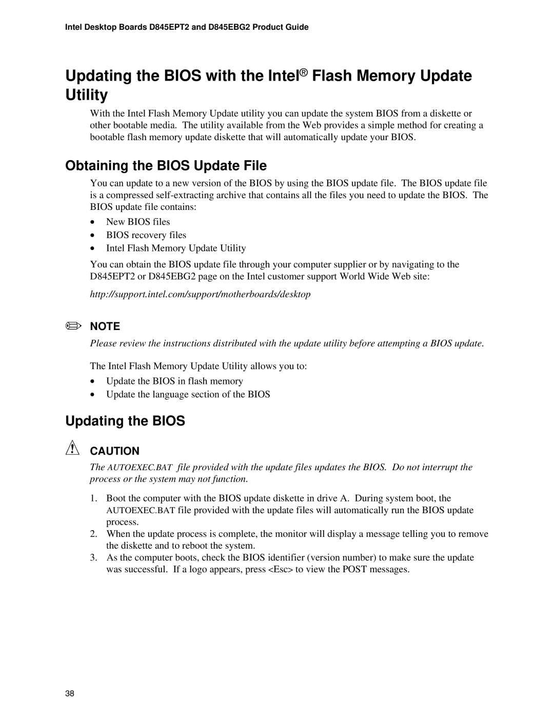 Intel D845EPT2, D845EBG2 manual Obtaining the Bios Update File, Updating the Bios 