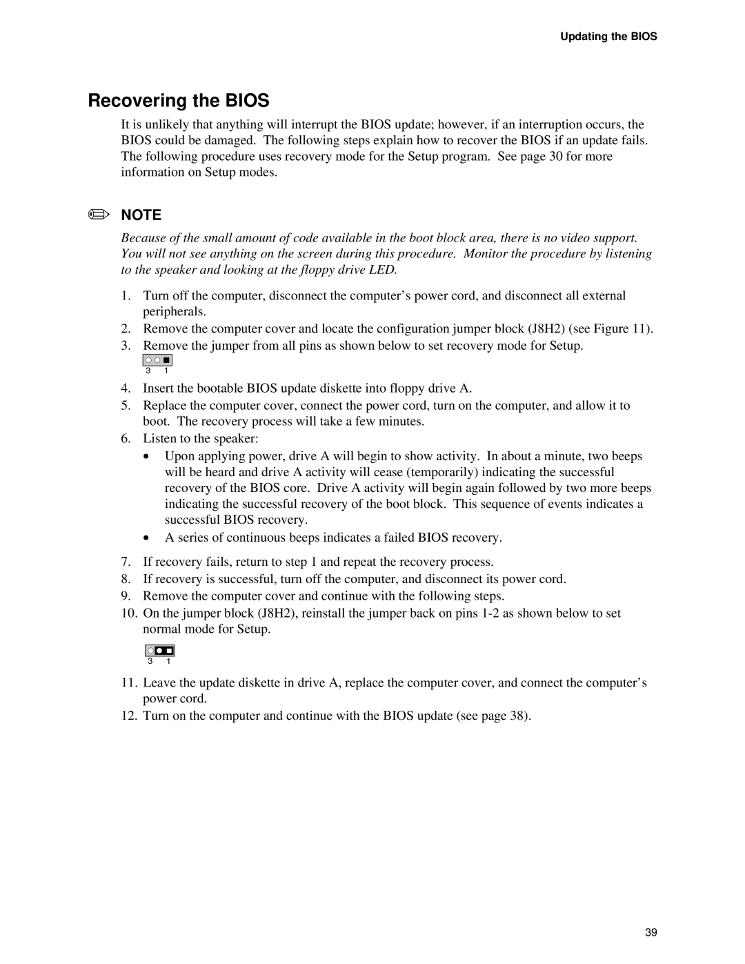 Intel D845EBG2, D845EPT2 manual Recovering the Bios, Updating the Bios 