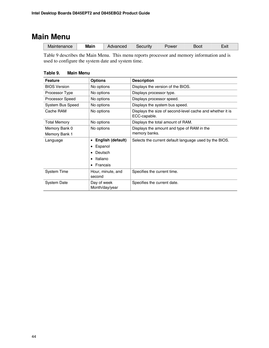 Intel D845EPT2, D845EBG2 manual Main Menu, English default 