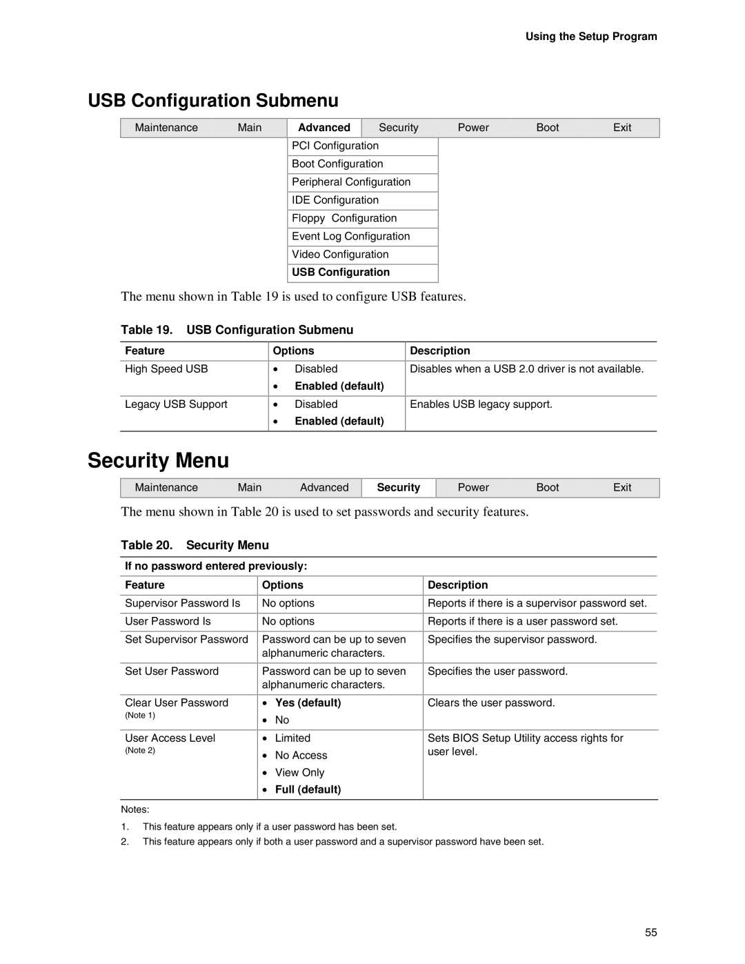 Intel D845EBG2, D845EPT2 manual Security Menu, USB Configuration Submenu, Menu shown in is used to configure USB features 