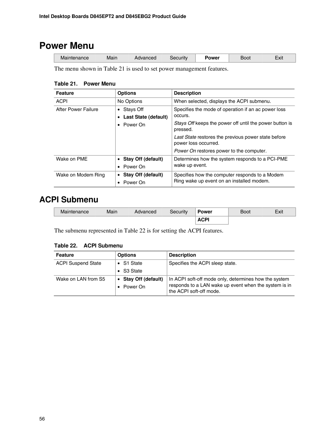 Intel D845EPT2, D845EBG2 manual Power Menu, Acpi Submenu, Menu shown in is used to set power management features 