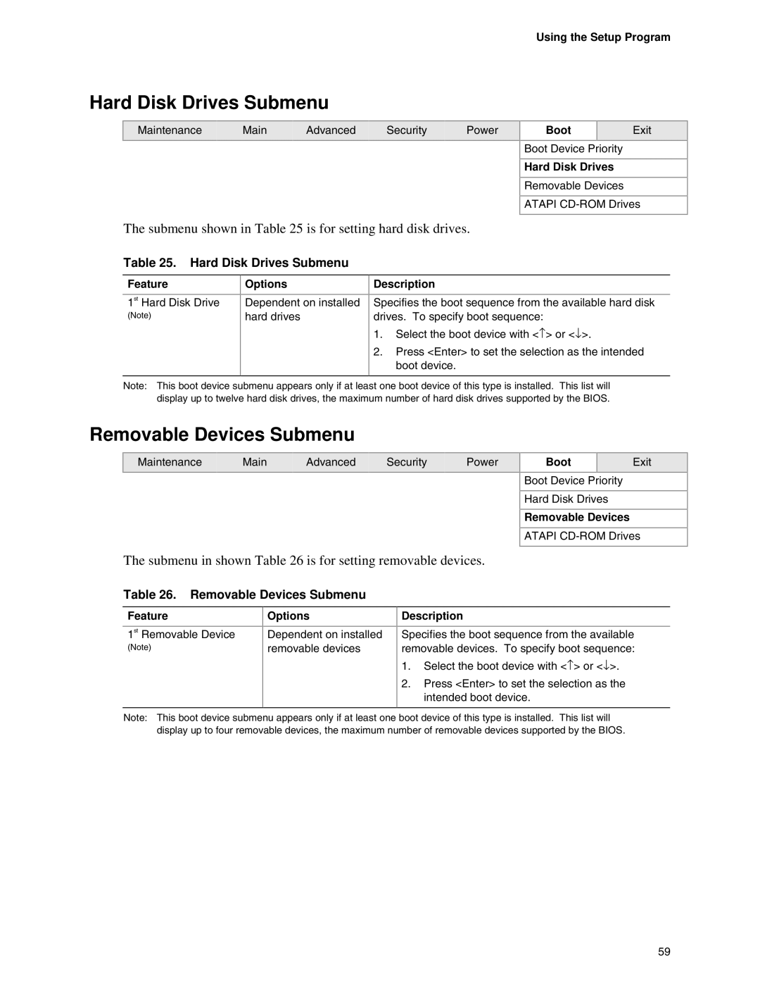 Intel D845EBG2 manual Hard Disk Drives Submenu, Removable Devices Submenu, Submenu shown in is for setting hard disk drives 