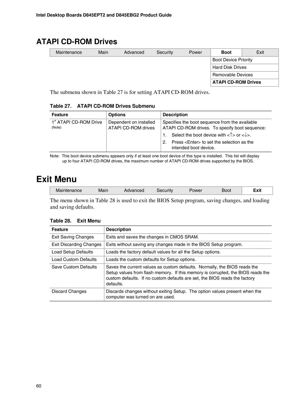 Intel D845EPT2, D845EBG2 manual Exit Menu, Atapi CD-ROM Drives, Submenu shown in is for setting Atapi CD-ROM drives 