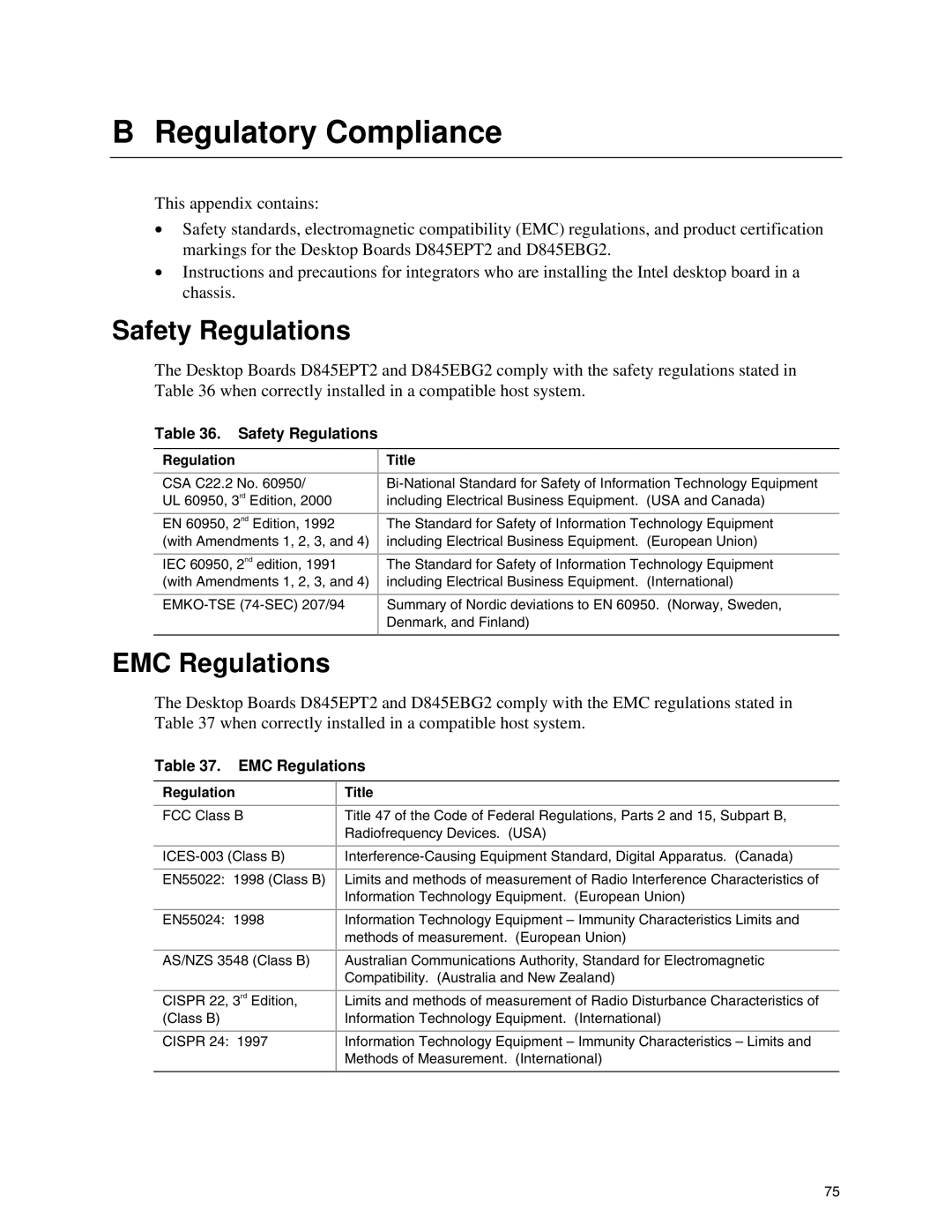 Intel D845EBG2, D845EPT2 manual Regulatory Compliance, Safety Regulations, EMC Regulations 