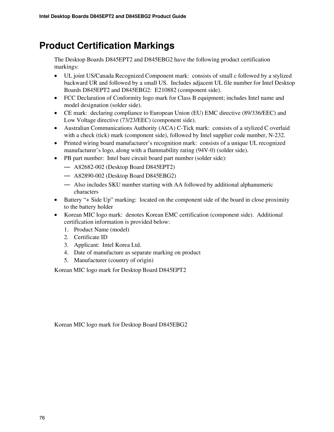 Intel D845EPT2, D845EBG2 manual Product Certification Markings 