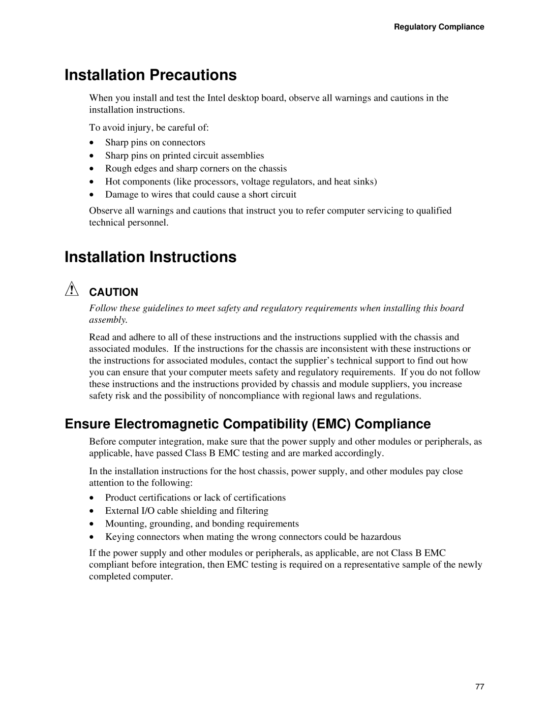 Intel D845EBG2 Installation Precautions, Installation Instructions, Ensure Electromagnetic Compatibility EMC Compliance 