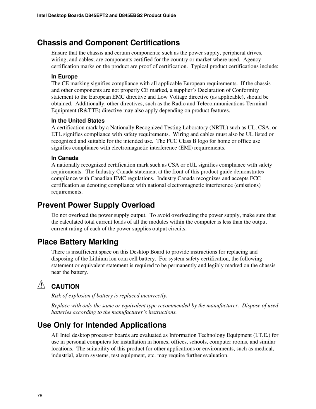 Intel D845EPT2, D845EBG2 manual Chassis and Component Certifications, Prevent Power Supply Overload, Place Battery Marking 