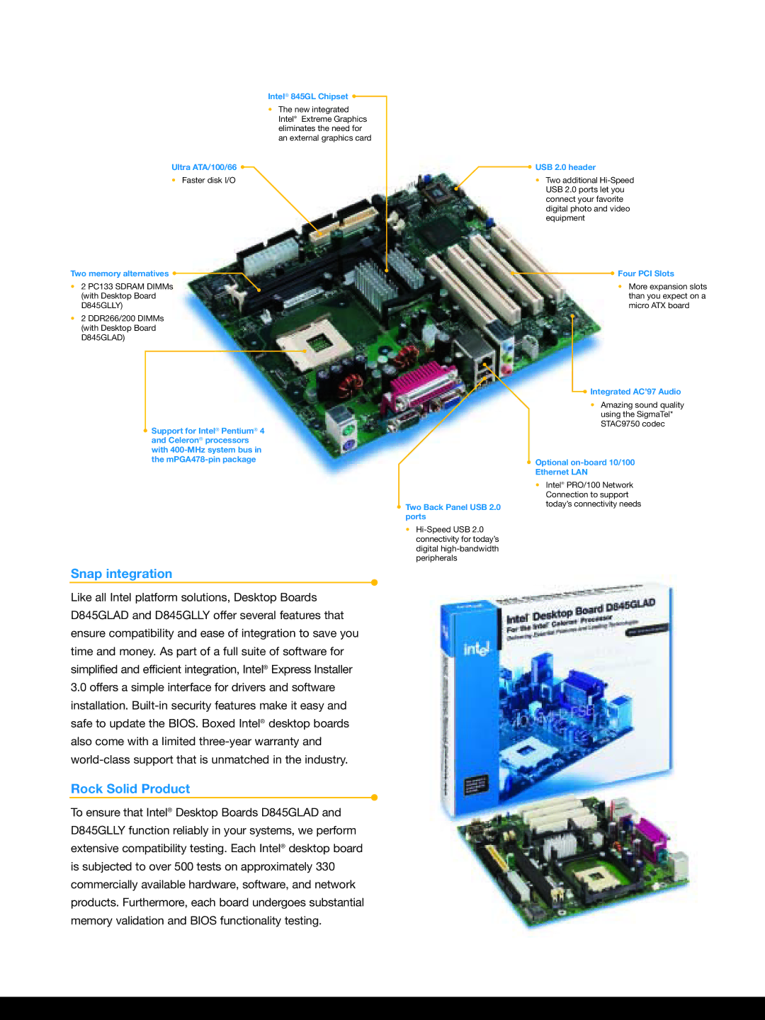 Intel D845GLAD, D845GLLY manual Snap integration, Rock Solid Product 