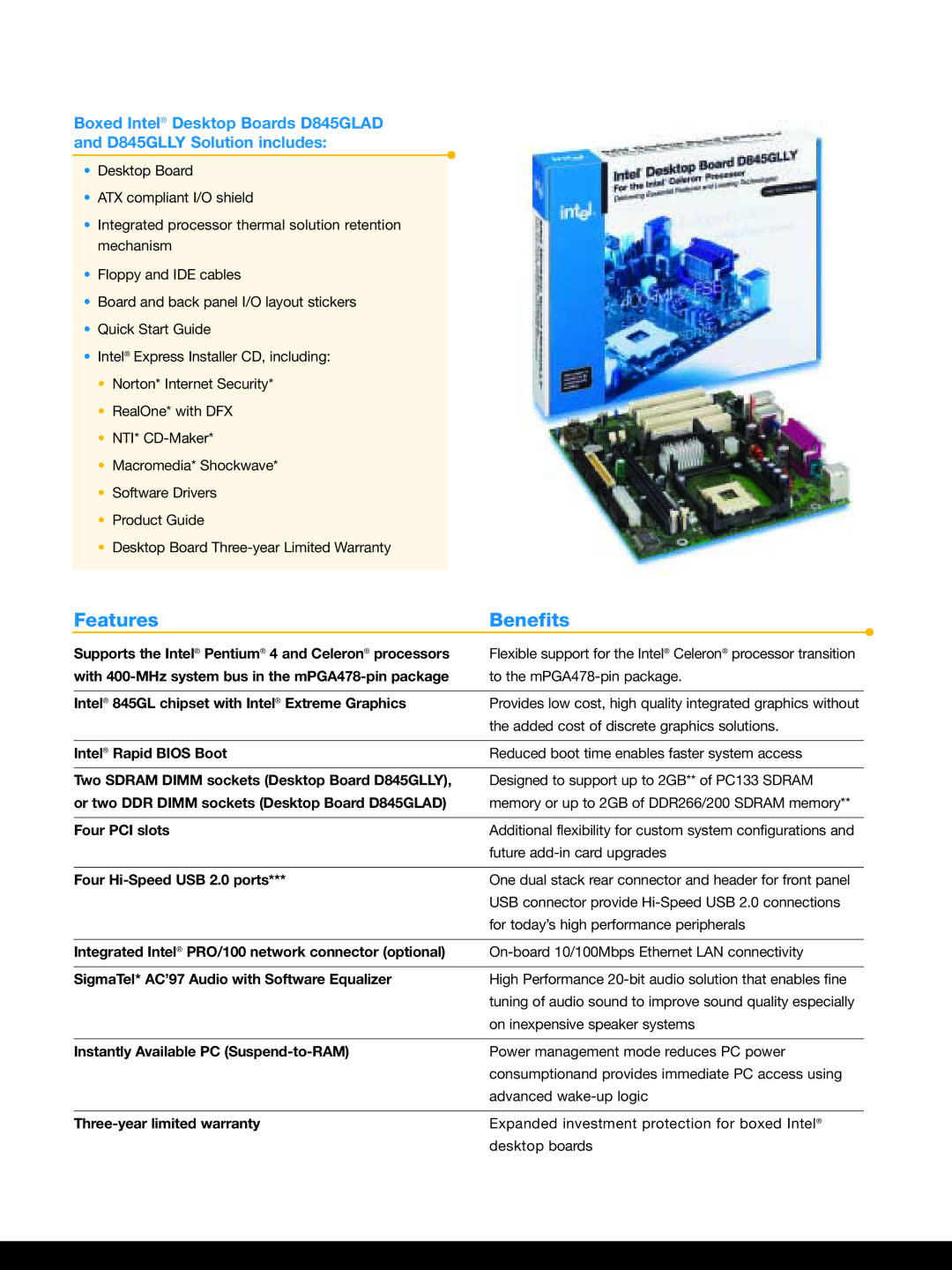 Intel D845GLLY, D845GLAD manual Features Benefits, Intel 845GL chipset with Intel Extreme Graphics 